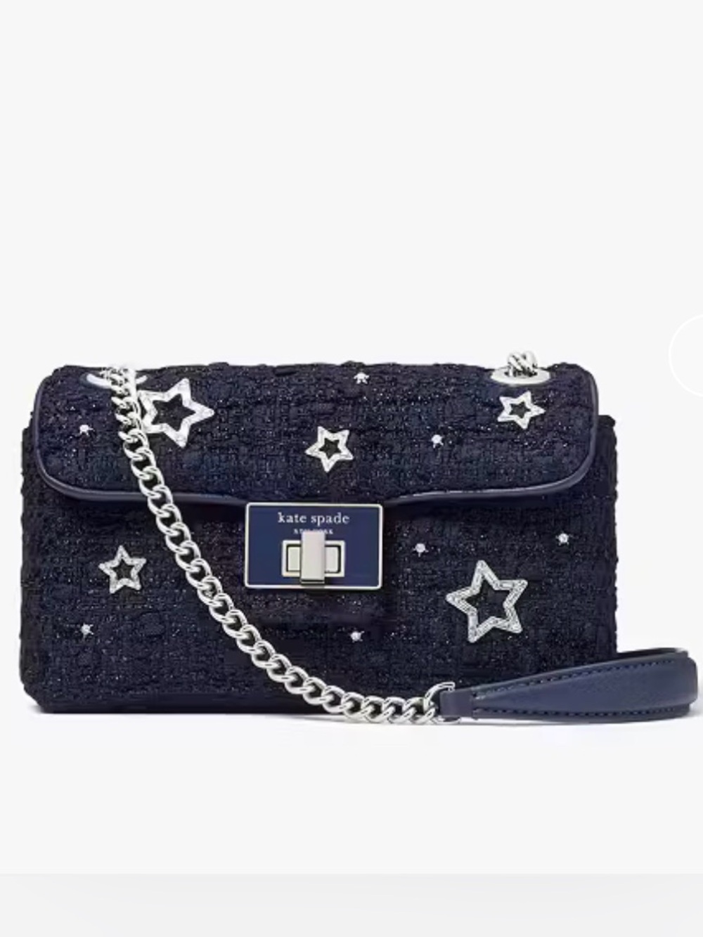 kate spade navy star-embellished tweed crossbody with silver chain